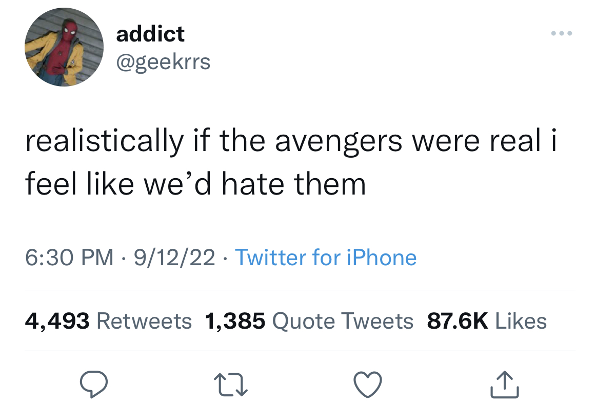 Funny and Fresh Tweets - kanye west candace owens twitter - addict realistically if the avengers were real i feel we'd hate them 91222 Twitter for iPhone 4,493 1,385 Quote Tweets 27