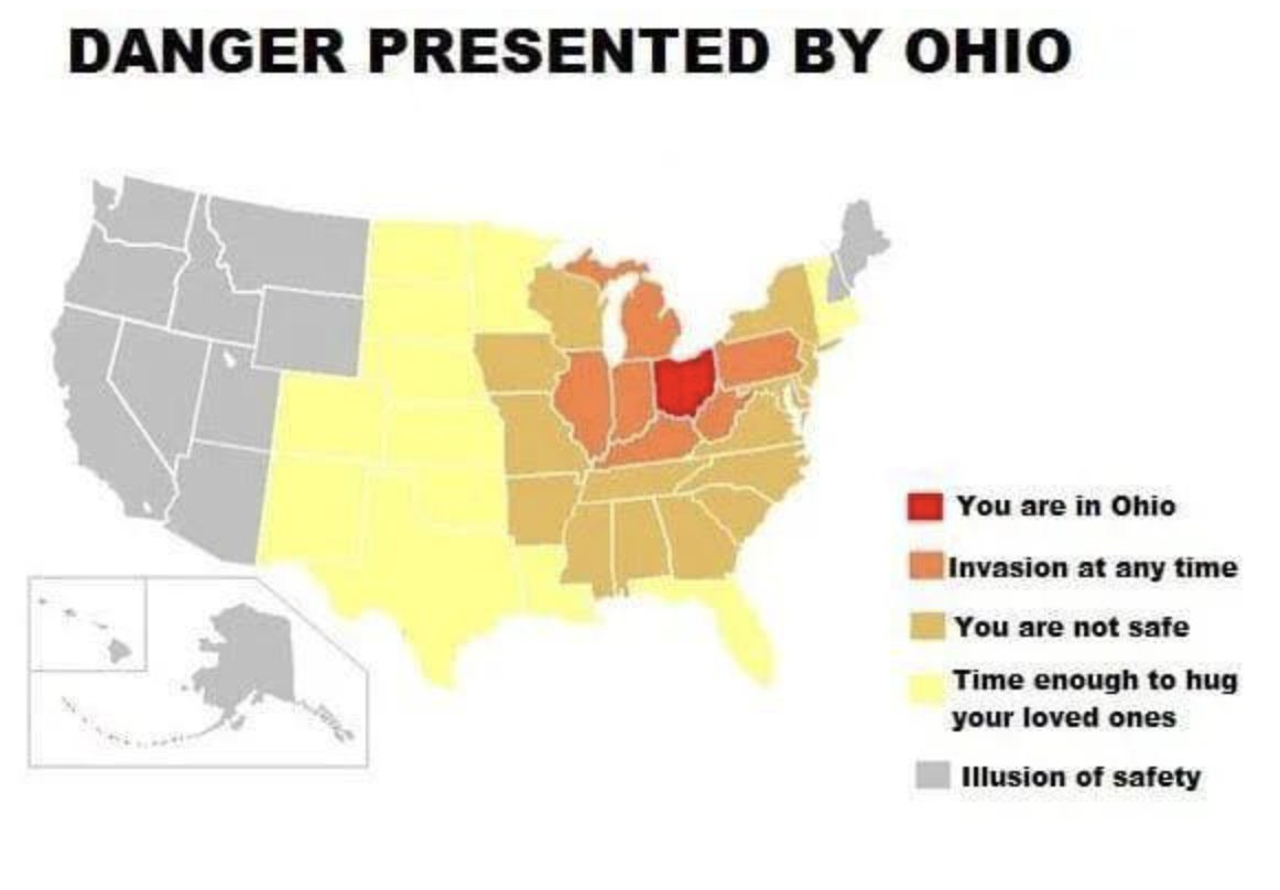 Ohio Memes - danger of ohio - Danger Presented By Ohio You are in Ohio Invasion at any time You are not safe Time enough to hug your loved ones Illusion of safety