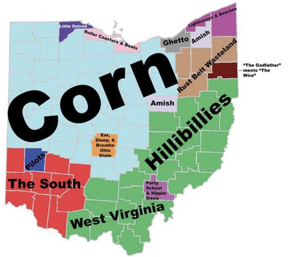 Ohio Memes - judgemental map of ohio - Pilots Little Detroit Roller Coasters & Boats The South n or Amish Eat, Sleep, & Breathe Ohio State Ghetto Lighthouses & Beaches Party School & Hippie Oasis West Virginia Amish "The Godfather" meets "The Wire" Rust B