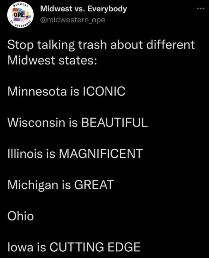 Ohio Memes - screenshot - Midwes Ope Everybody Midwest vs. Everybody Stop talking trash about different Midwest states Minnesota is Iconic Wisconsin is Beautiful Illinois is Magnificent Michigan is Great Ohio lowa is Cutting Edge