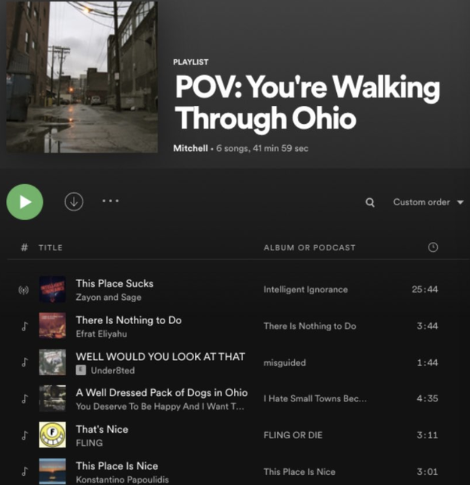 Ohio Memes - spotify playlist memes - # Title This Place Sucks Zayon and Sage There Is Nothing to Do Efrat Eliyahu Playlist Pov You're Walking Through Ohio Mitchell 6 songs, 41 min 59 sec Well Would You Look At That Understed A Well Dressed Pack of Dogs i