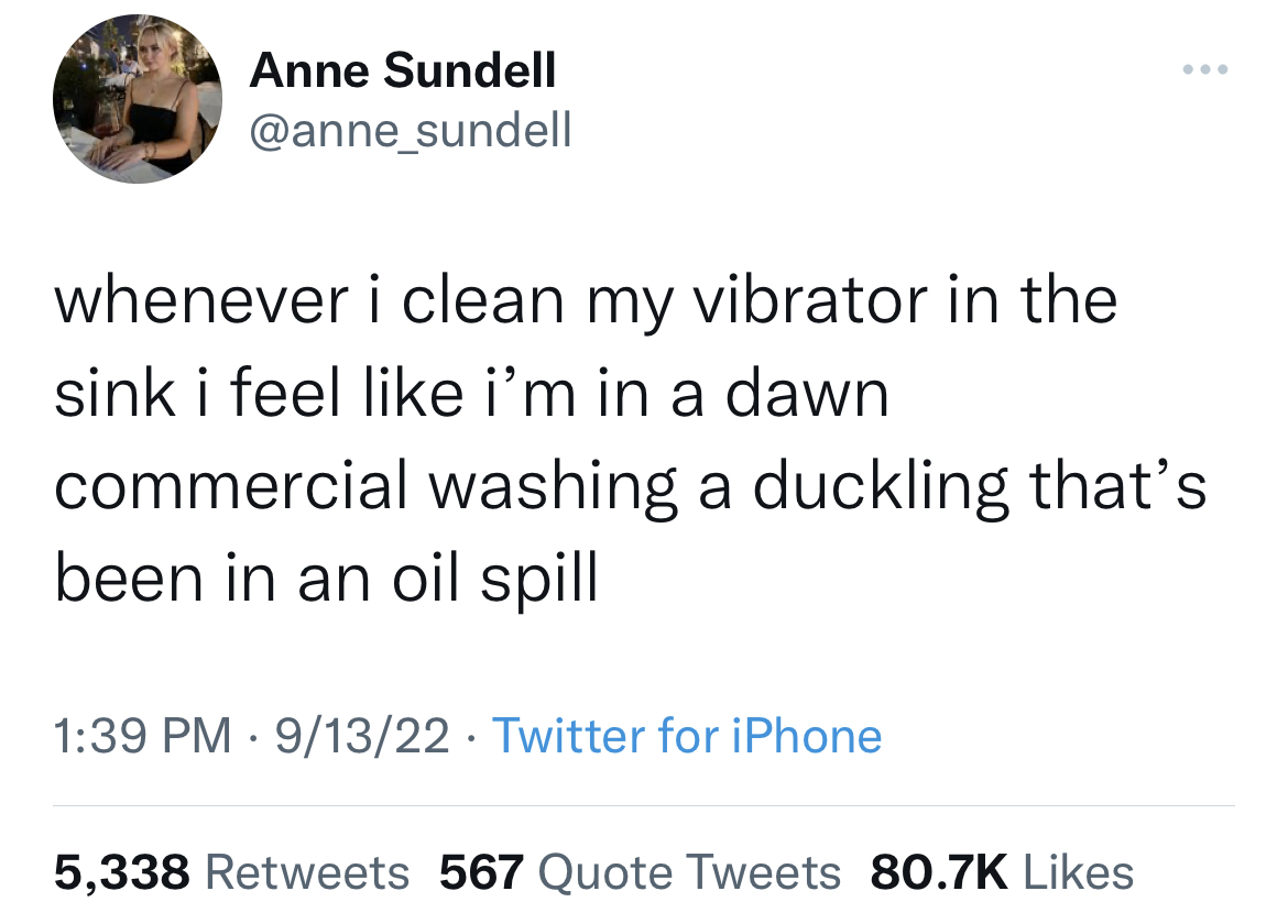 funny and fresh tweets - feminine urge to run away - Anne Sundell whenever i clean my vibrator in the sink i feel i'm in a dawn commercial washing a duckling that's been in an oil spill 91322 Twitter for iPhone . 5,338 567 Quote Tweets