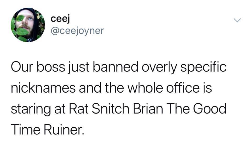 savage insults - overly specific nicknames meme - ceej Our boss just banned overly specific nicknames and the whole office is staring at Rat Snitch Brian The Good Time Ruiner.
