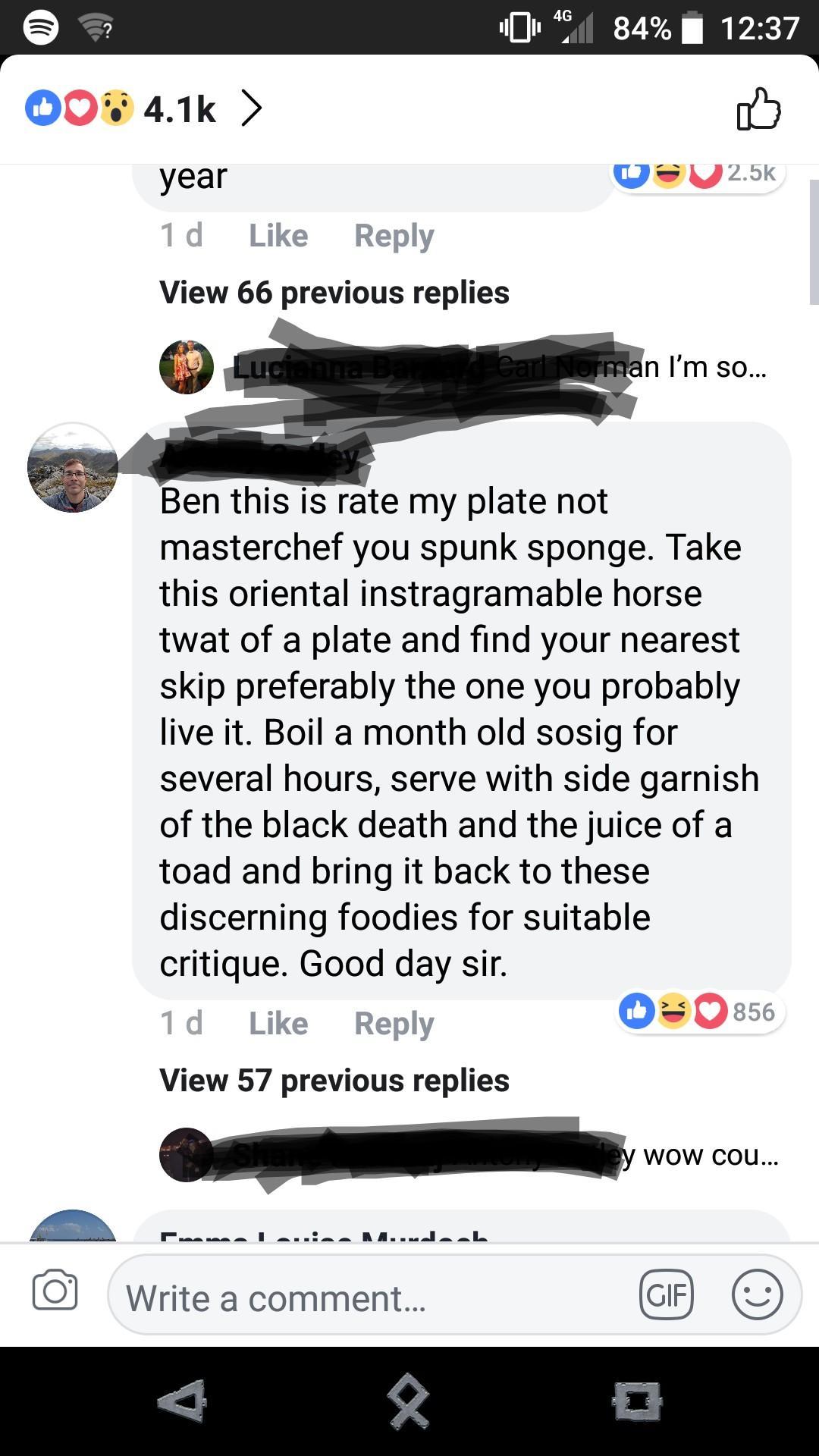 savage insults - screenshot - Do > year 1 d View 66 previous replies Lucianna Puma Louise Muudab 4G 04 84% Write a comment... Ben this is rate my plate not masterchef you spunk sponge. Take this oriental instragramable horse twat of a plate and find your 