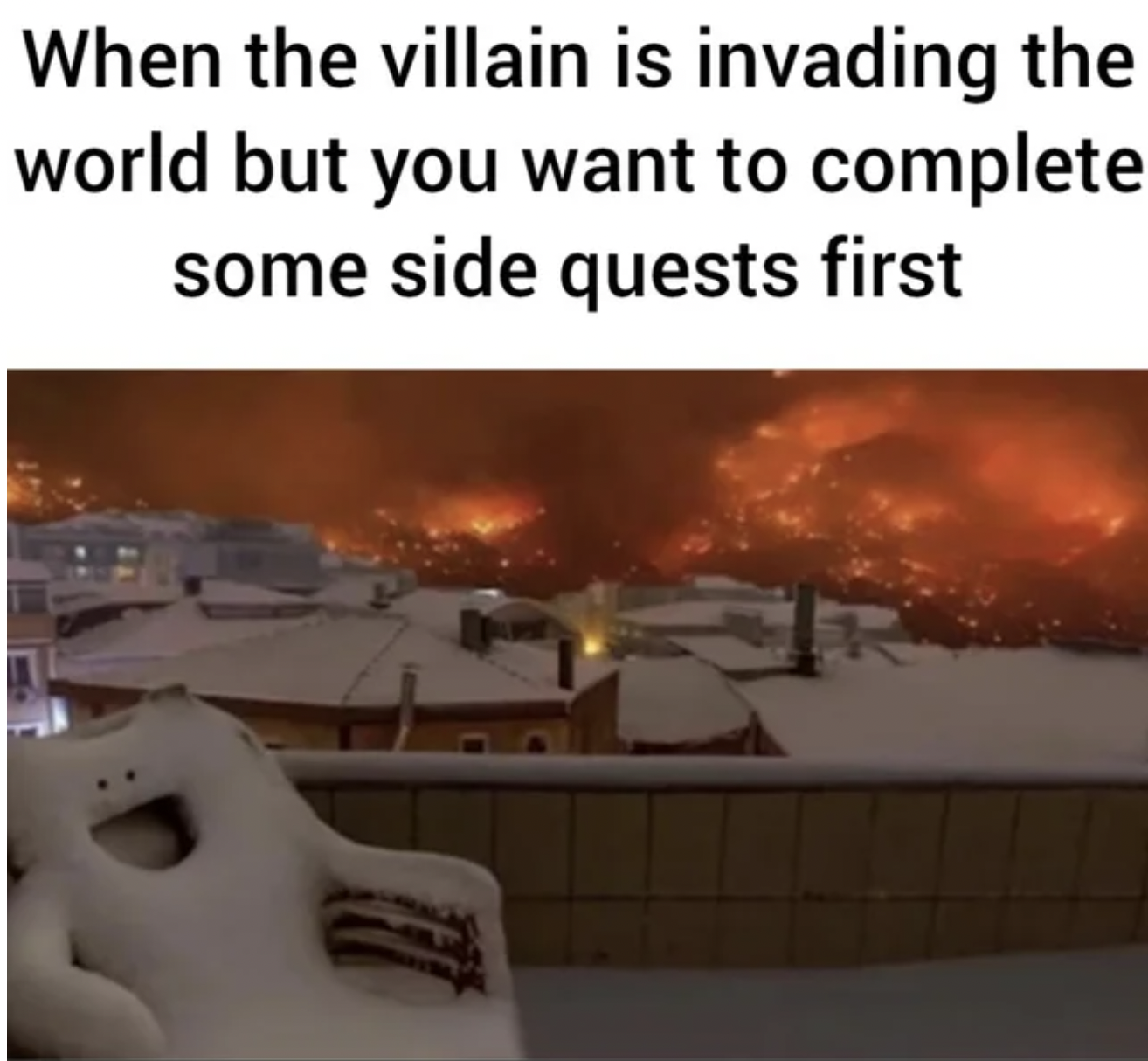 Gaming memes - happy chair meme template - When the villain is invading the world but you want to complete some side quests first