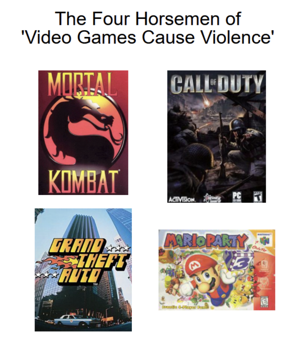 Gaming memes - call of duty 1 - The Four Horsemen of 'Video Games Cause Violence' Morial Call Duty Kombat Grand Theft Auto Activision Mario Party T