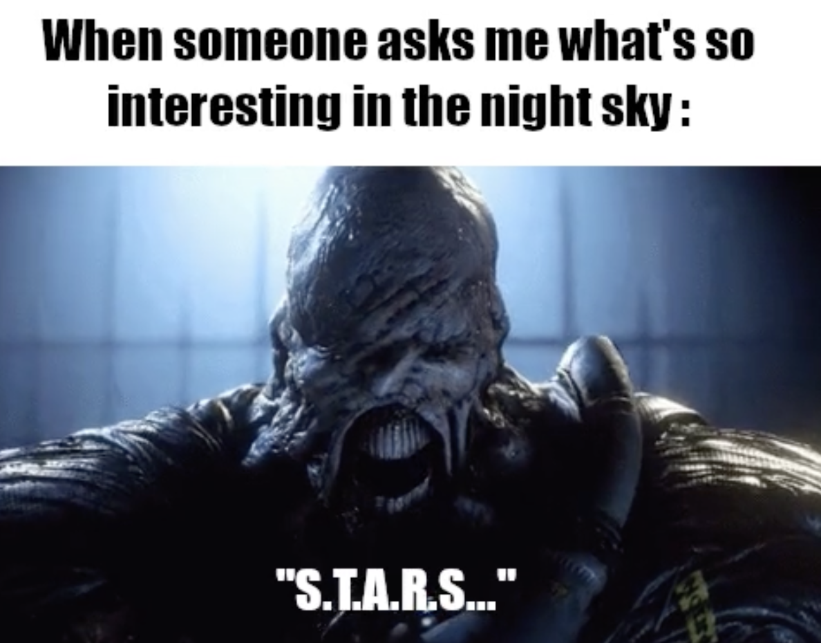 Gaming memes - nemesis face - When someone asks me what's so interesting in the night sky