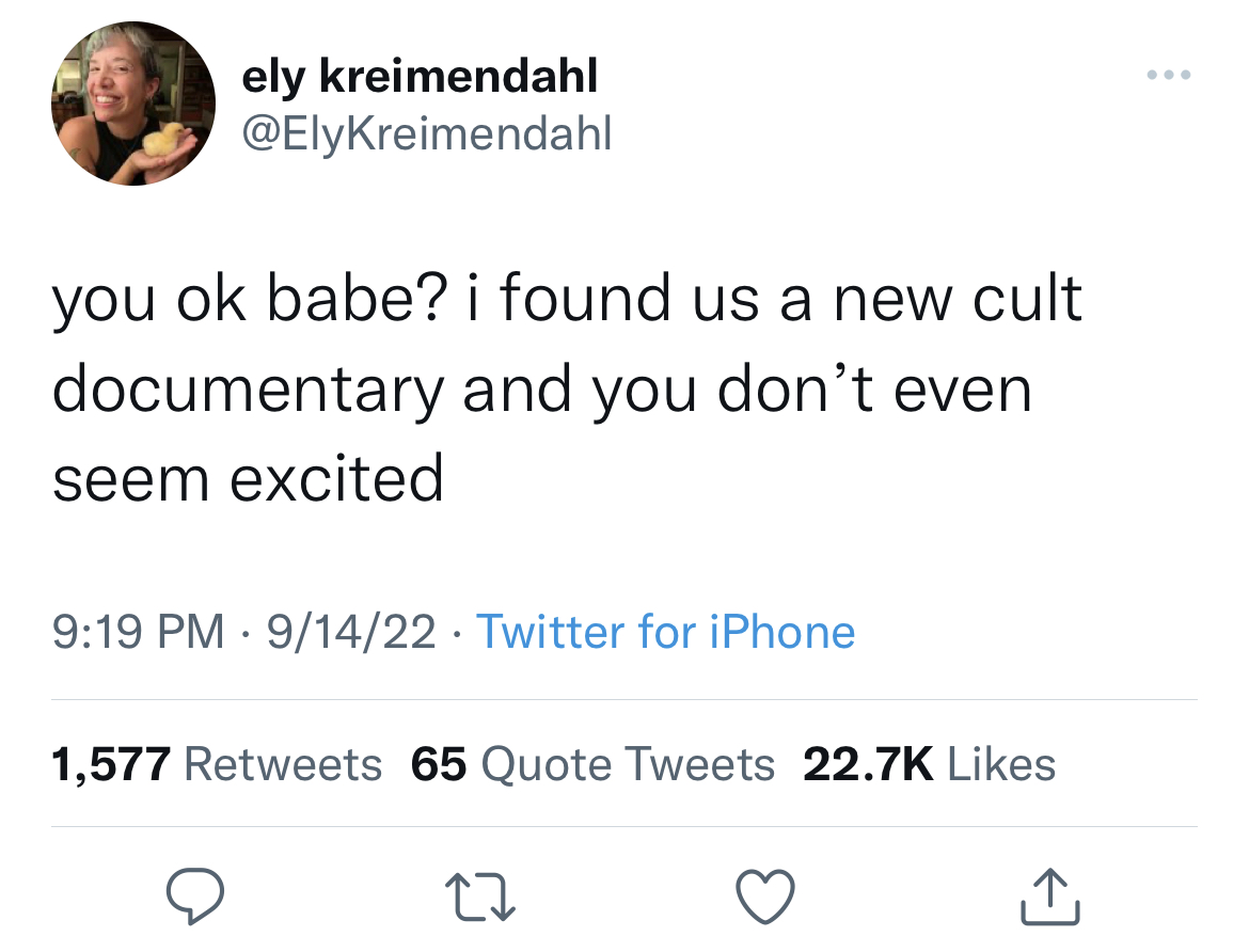 filthy and funny tweet - spanish twitter quotes - ely kreimendahl you ok babe? i found us a new cult documentary and you don't even seem excited 91422 Twitter for iPhone 1,577 65 Quote Tweets 27