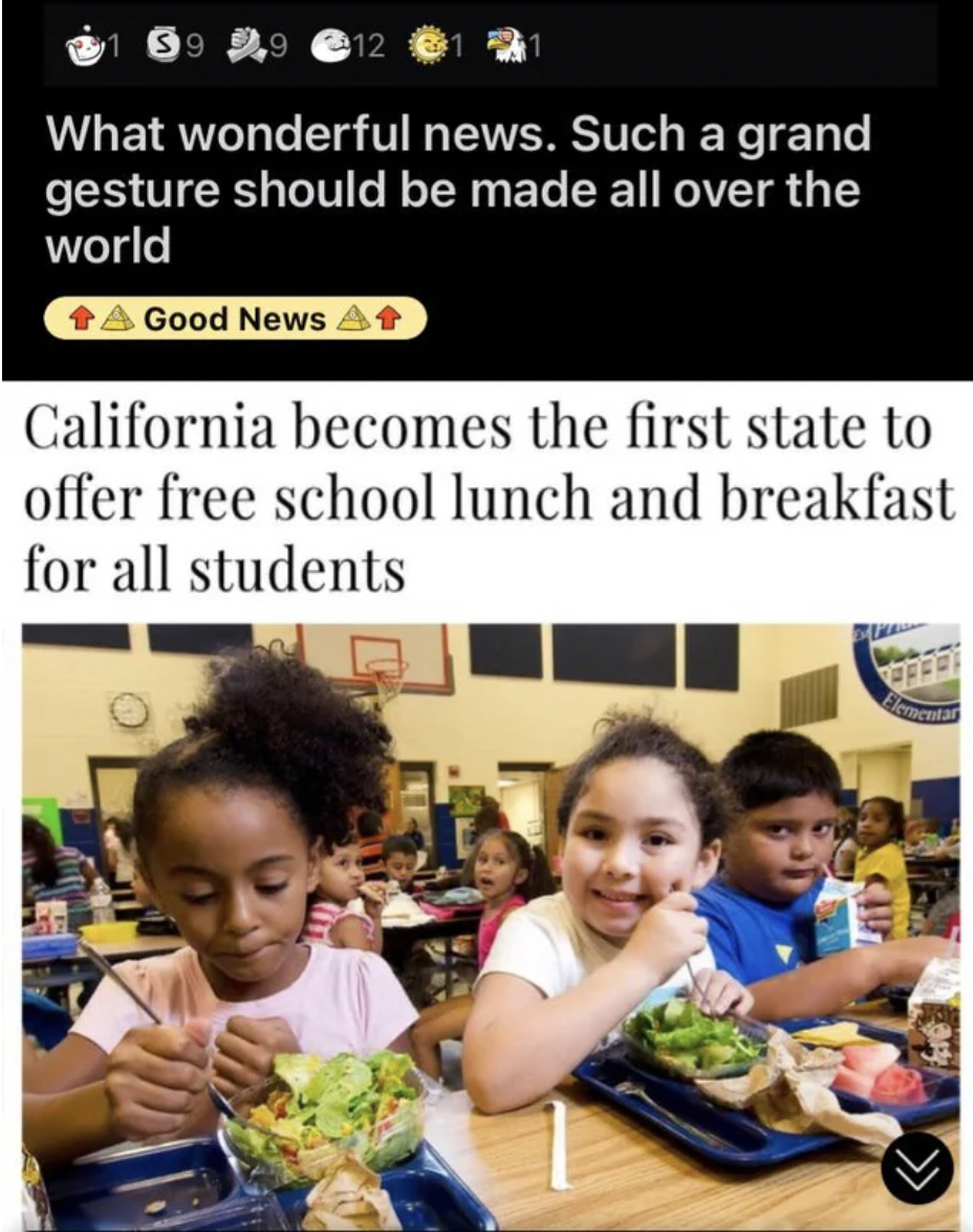 facepalms and fails - children school lunch - 39 29 12 What wonderful news. Such a grand gesture should be made all over the world Good News 1 California becomes the first state to offer free school lunch and breakfast for all students Ora