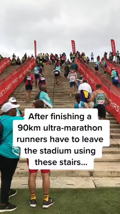 facepalms and fails - race - Sithirst Thes Airsti After finishing a 90km ultramarathon runners have to leave the stadium using these stairs... Hirsti Hirs