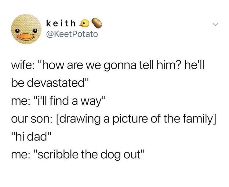 daily dose of randoms - Humor - keith Potato wife "how are we gonna tell him? he'll be devastated" me "i'll find a way" our son drawing a picture of the family "hi dad" me "scribble the dog out"