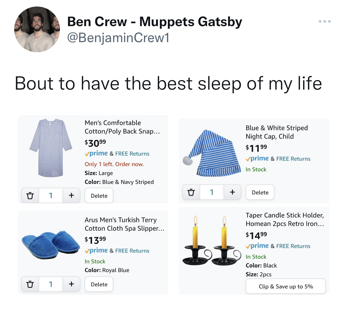 funny and fresh tweets - diagram - Ben Crew Muppets Gatsby Bout to have the best sleep of my life Men's Comfortable CottonPoly Back Snap... $3099 Blue & White Striped Night Cap, Child prime & Free Returns 1 Only 1 left. Order now. Size Large Color Blue & 
