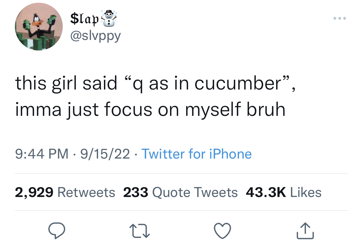funny and fresh tweets - arizona republican party tweet - $lap this girl said "q as in cucumber", imma just focus on myself bruh 91522 Twitter for iPhone 2,929 233 Quote Tweets 27