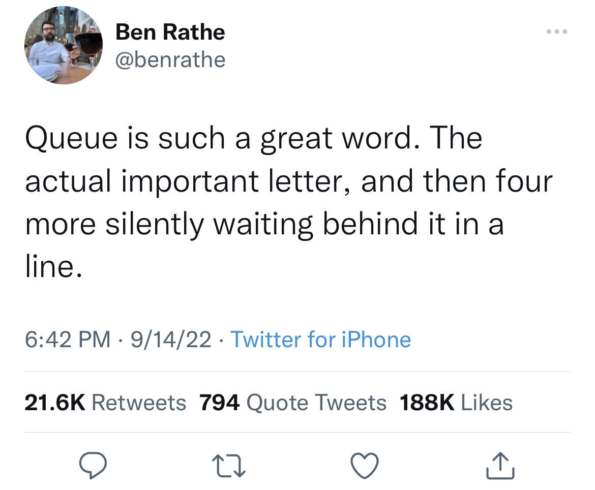 funny and fresh tweets - pewdiepie top comment decides - Ben Rathe Queue is such a great word. The actual important letter, and then four more silently waiting behind it in a line. 91422 Twitter for iPhone 794 Quote Tweets 27