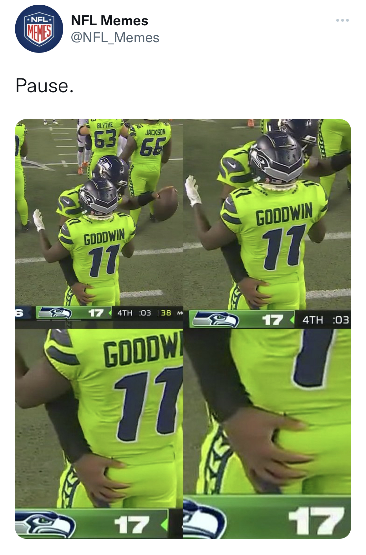 salty and savage nfl memes - player - Nfl Nfl Memes Pause. 63 Goodwin 11 Jackson 66 17 4TH 03 38 Goodw 17 17 Goodwin 17 17 4TH 03 17