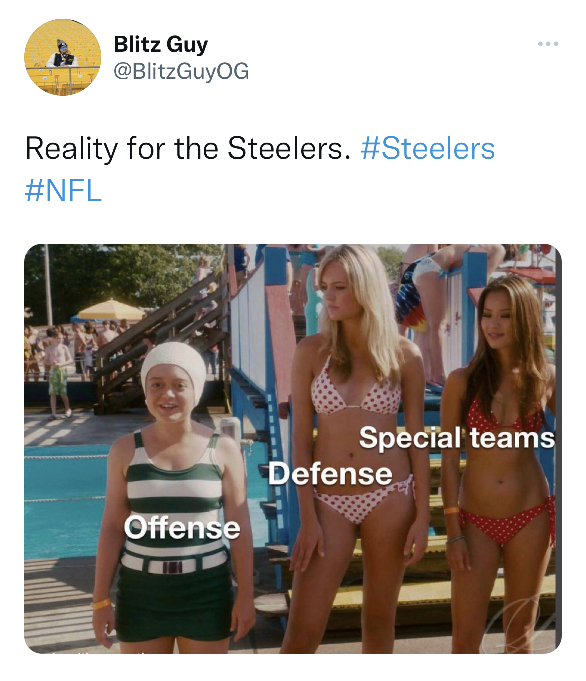 salty and savage nfl memes - me on love island meme - Blitz Guy Reality for the Steelers. Offense Special teams Defense