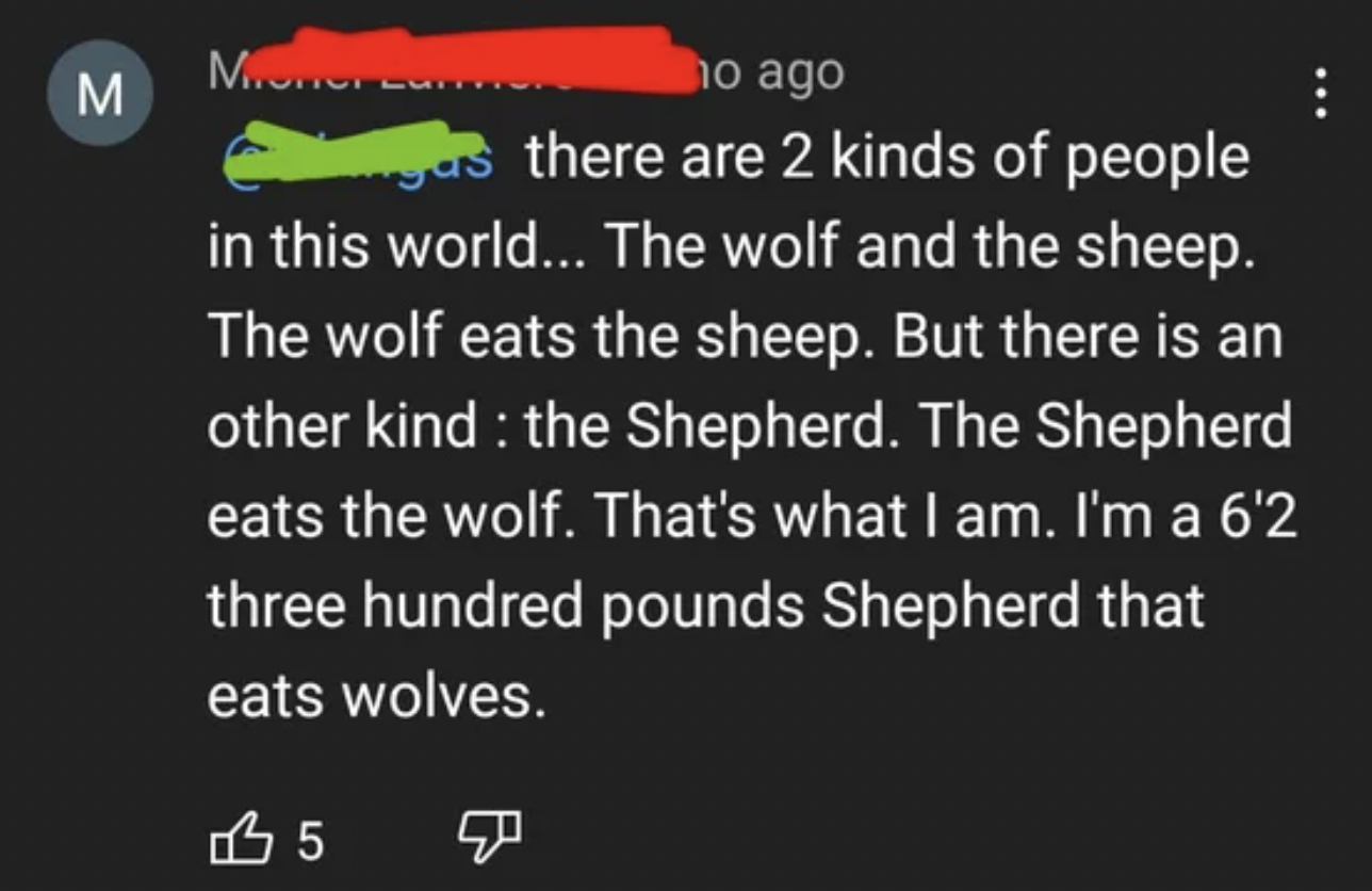 Internet tough guys - ago as there are 2 kinds of people in this world... The wolf and the sheep. The wolf eats the sheep. But there is an other kind the Shepherd. The Shepherd eats the wolf. That's what I am. I'm a 6'2 three hundred pounds Shepherd that