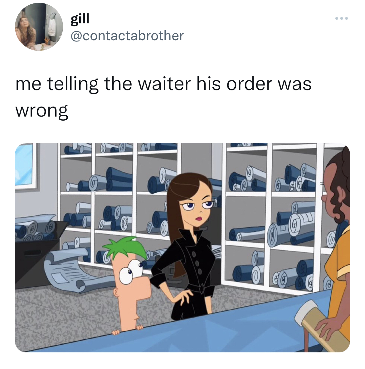 ferb and vanessa - gill me telling the waiter his order was wrong