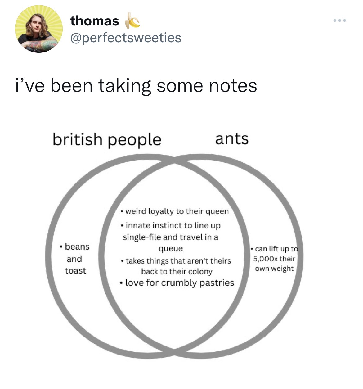 diagram - G thomas i've been taking some notes british people .beans and toast ants weird loyalty to their queen innate instinct to line up singlefile and travel in a queue takes things that aren't theirs back to their colony love for crumbly pastries can