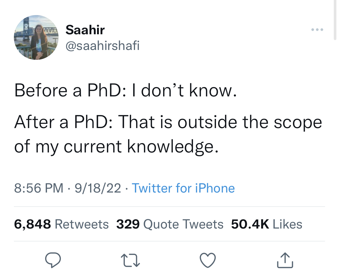 if the avengers were real - Haa Saahir Before a PhD I don't know. After a PhD That is outside the scope of my current knowledge. 91822 Twitter for iPhone 6,848 329 Quote Tweets 27