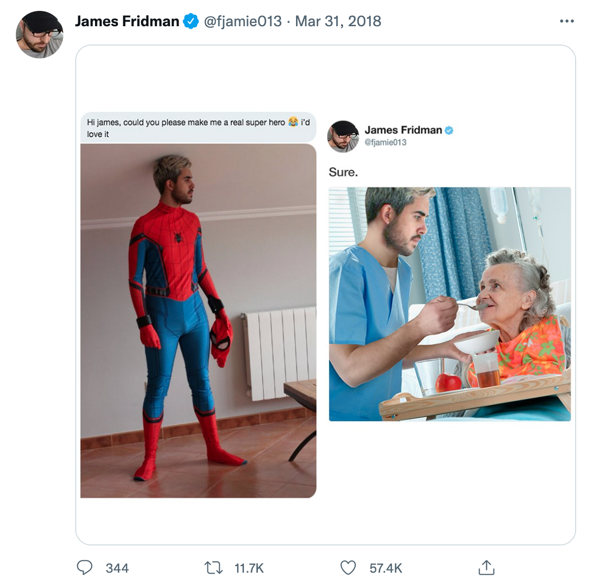 James Fridman is known as "the Photoshop troll" because he edits photos for people upon request, but never how they expected. He often takes their request literally making hilariously impressive edits to their photos. He also frequently offers words of encouragement and support when someone is requesting to "fix themselves".

<br/><br/>

We all wish we could change some things about ourselves, yet ironically enough even Photoshop can't always fix us. Enjoy these wholesome pics from James Fridman that prove not all moments need to be changed.

<br/><br/>


A true act of service :)