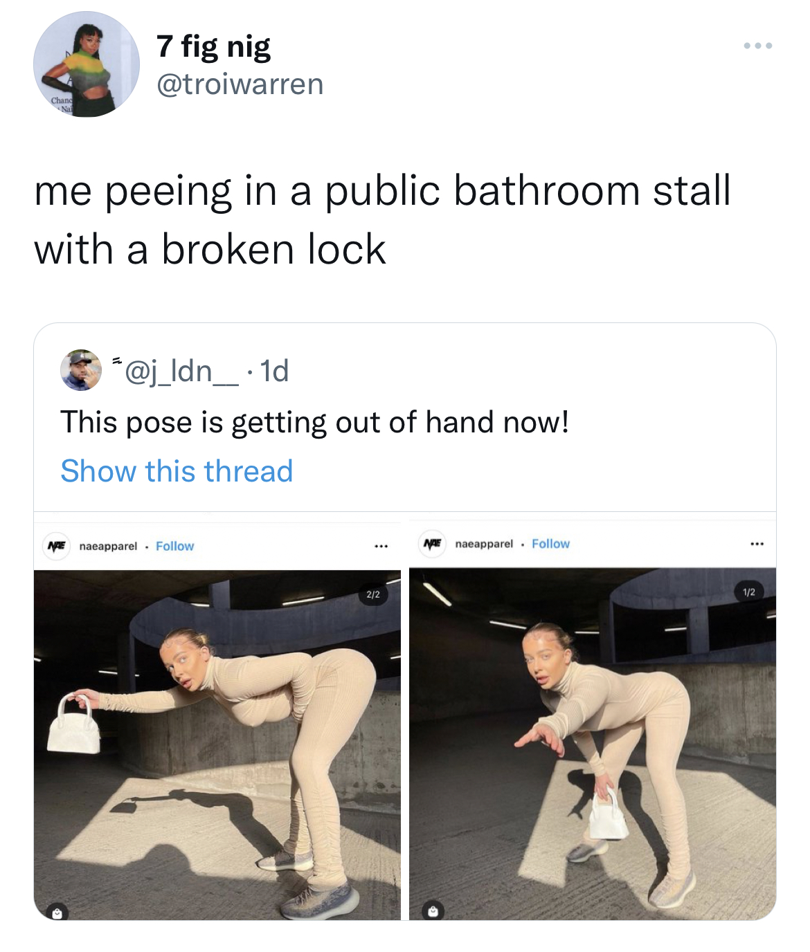 funny and dirty tweets - shoulder - 7 fig nig me peeing in a public bathroom stall with a broken lock 1d This pose is getting out of hand now! Show this thread nasapparel per Be