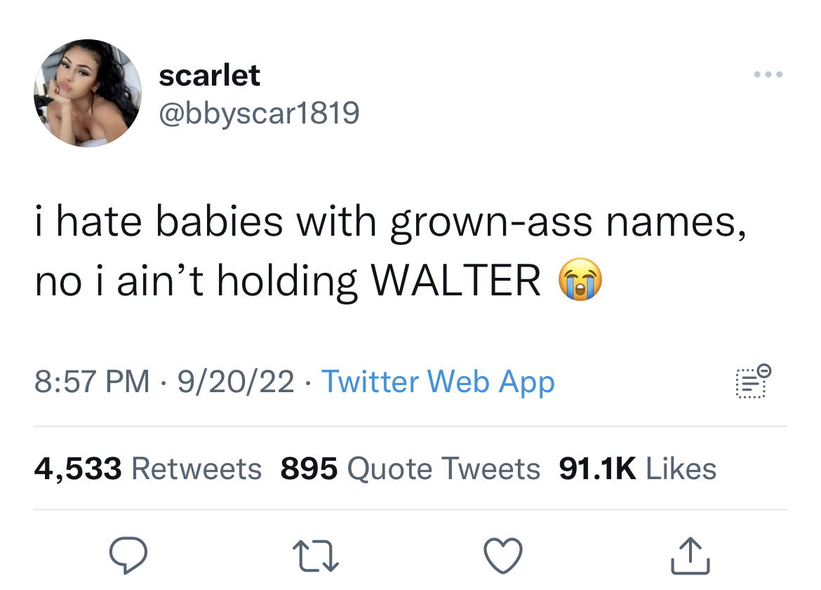 funny quick wit tweets - charles c johnson tweets - scarlet i hate babies with grownass names, no i ain't holding Walter 92022 Twitter Web App 4,533 895 Quote Tweets 27 All