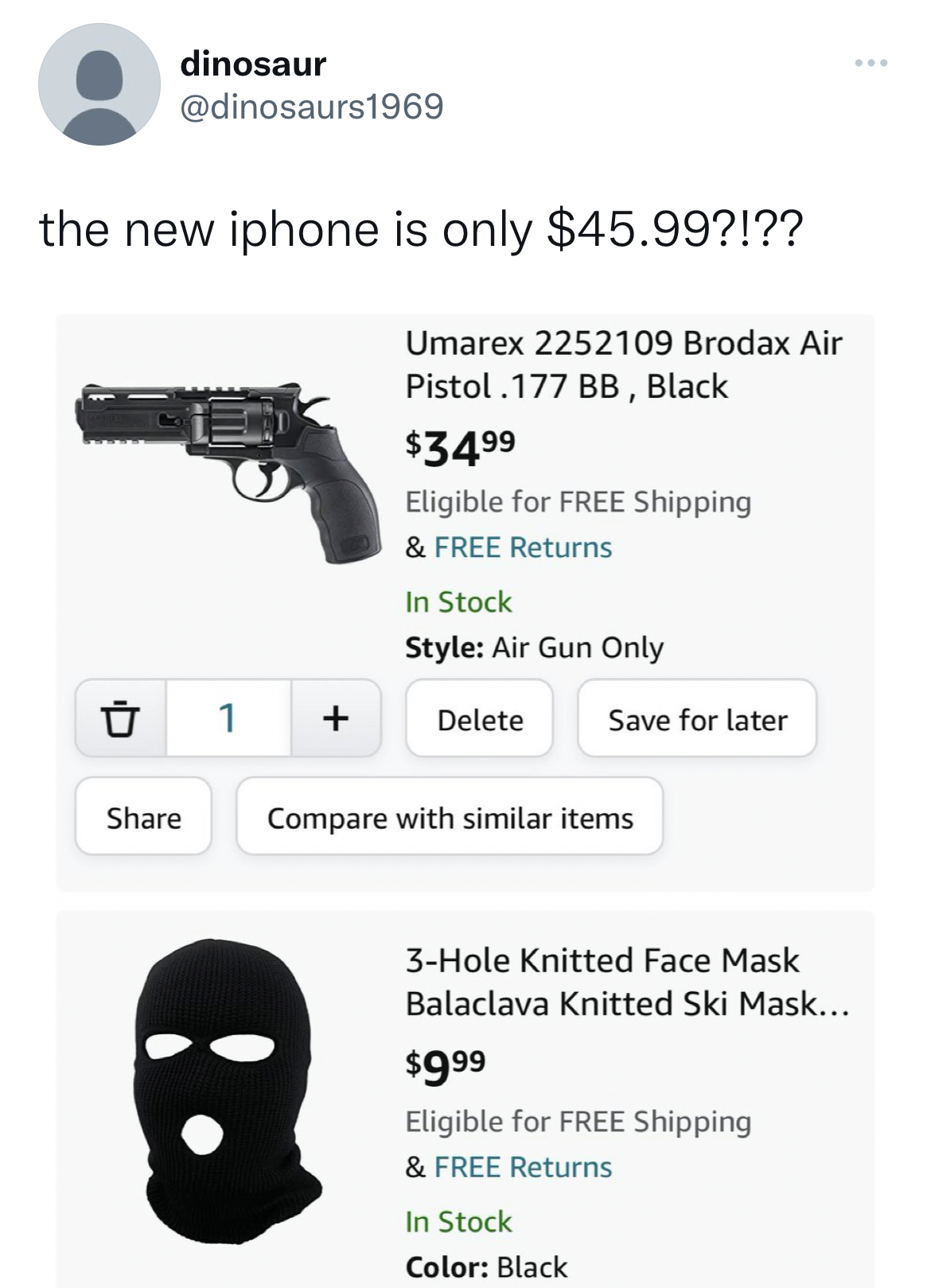 funny quick wit tweets - angle - dinosaur the new iphone is only $45.99?!?? Umarex 2252109 Brodax Air Pistol .177 Bb, Black 1 $34.99 Eligible for Free Shipping & Free Returns In Stock Style Air Gun Only Delete Save for later Compare with similar items 3Ho