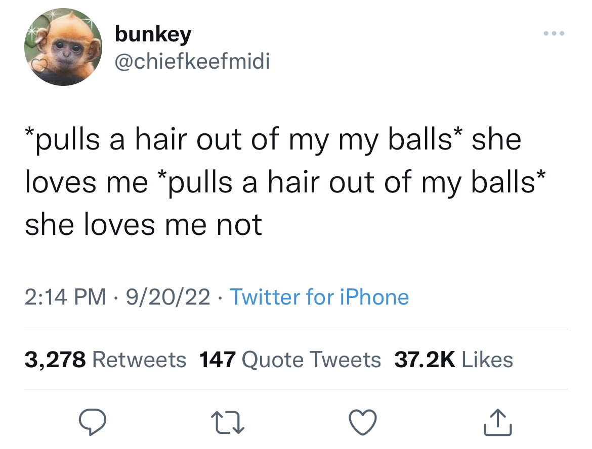 funny quick wit tweets - angle - bunkey pulls a hair out of my my balls she loves me pulls a hair out of my balls she loves me not 92022 Twitter for iPhone 3,278 147 Quote Tweets 27