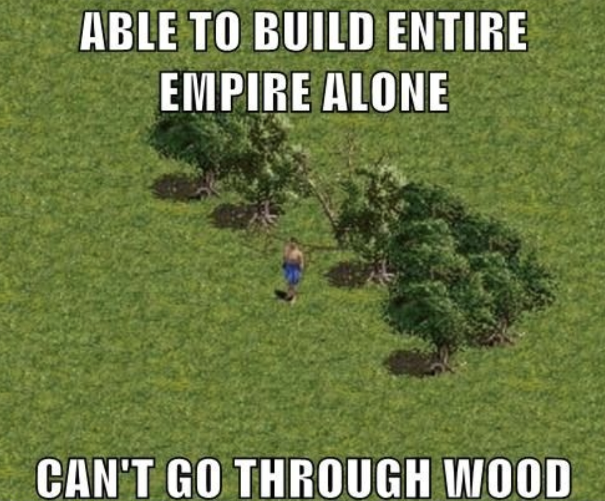 Gaming memes - grass - Able To Build Entire Empire Alone Can'T Go Through Wood