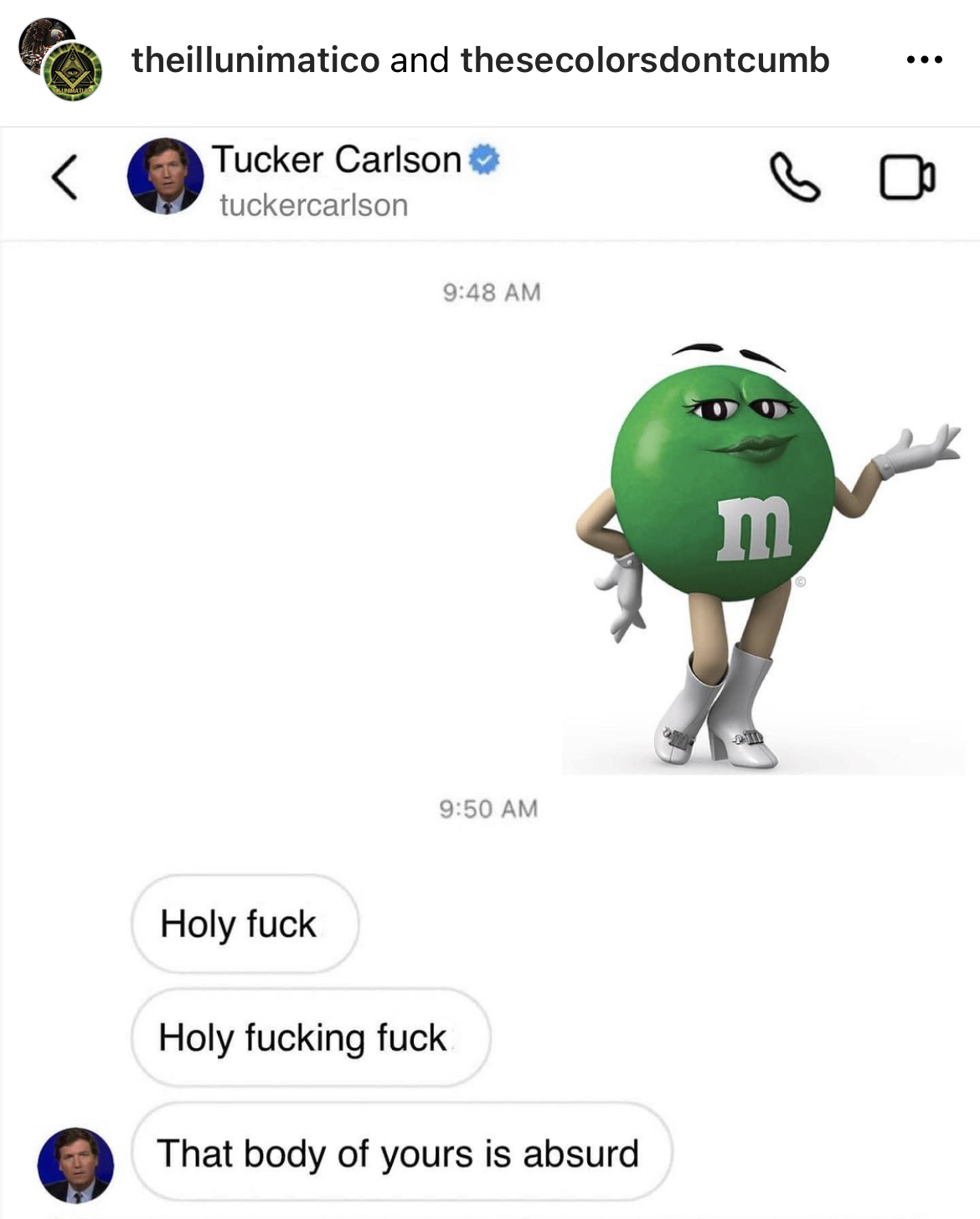 Adam Levine Sexting memes - green m&m uk - Allematic theillunimatico and thesecolorsdontcumb Tucker Carlson tuckercarlson Holy fuck Holy fucking fuck That body of yours is absurd m