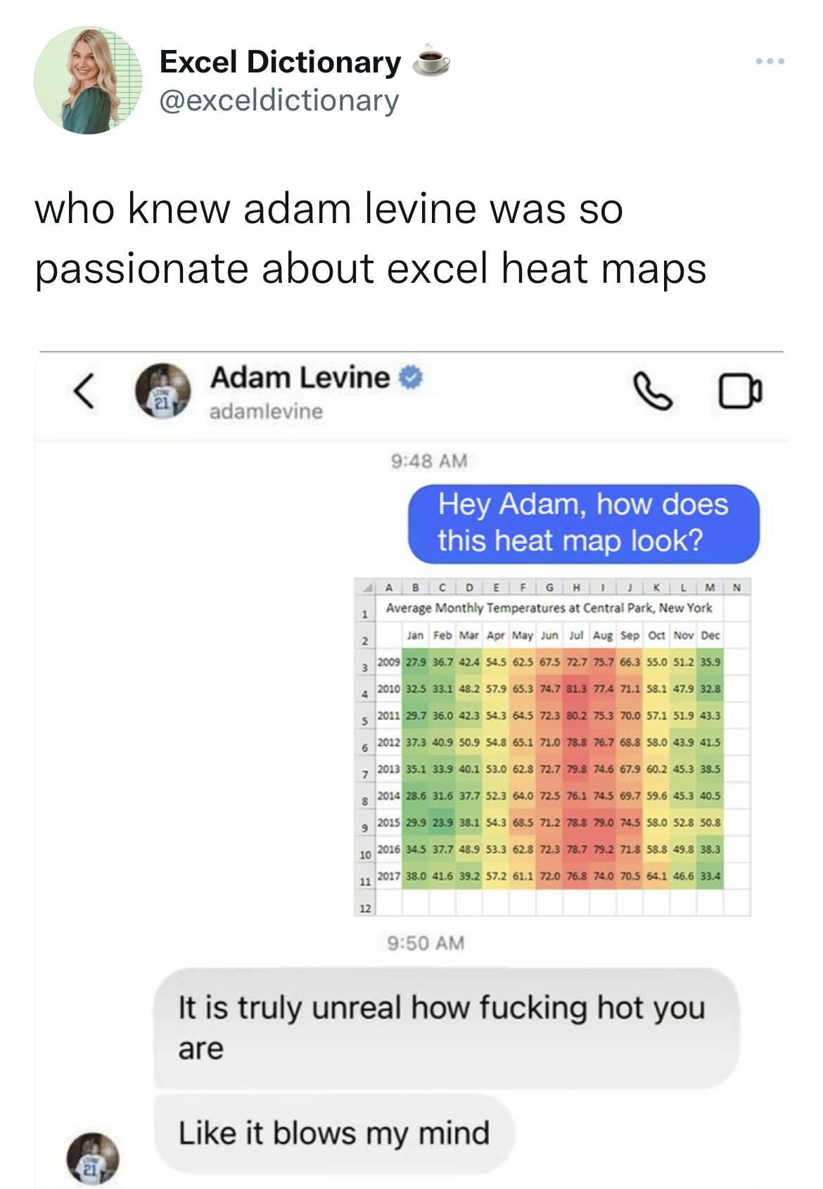 Adam Levine Sexting memes - web page - Excel Dictionary who knew adam levine was so passionate about excel heat maps