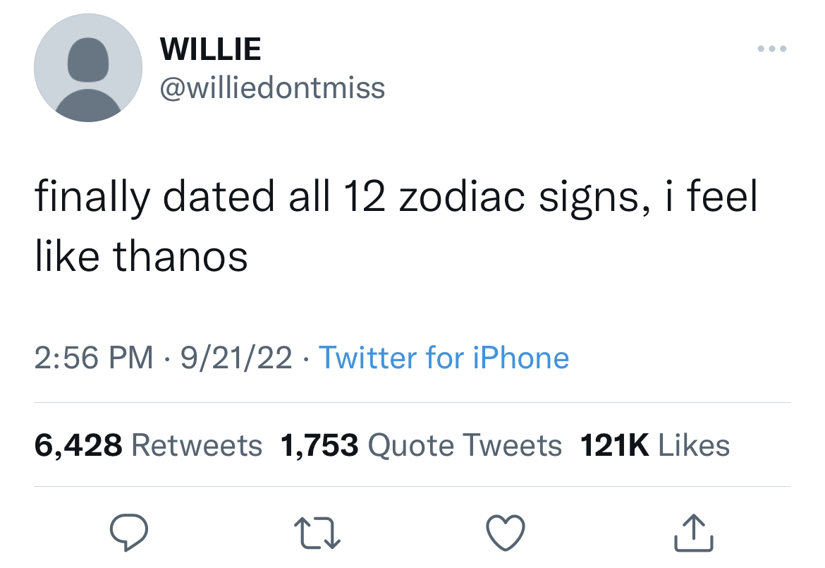 viral and funny tweets - elon musk i m going to buy twitter meme - Willie finally dated all 12 zodiac signs, i feel thanos 92122 Twitter for iPhone 6,428 1,753 Quote Tweets 7
