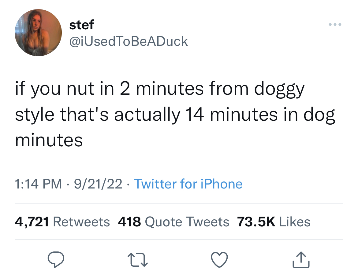 viral and funny tweets - giggling in the trojan horse - stef if you nut in 2 minutes from doggy style that's actually 14 minutes in dog minutes 92122 Twitter for iPhone 4,721 418 Quote Tweets 7