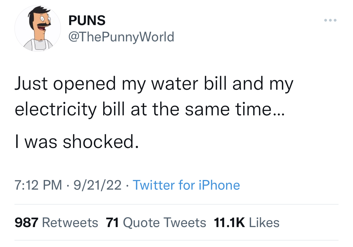 viral and funny tweets - Puns Just opened my water bill and my electricity bill at the same time... I was shocked. 92122 Twitter for iPhone 987 71 Quote Tweets