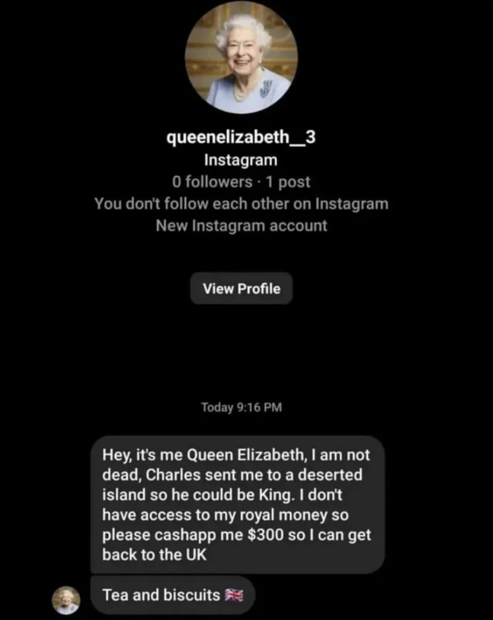 Friday facepalms - You don't each other on Instagram New Instagram account View Profile Today Hey, it's me Queen Elizabeth, I am not dead, Charles sent me to a deserted island so he could be King. I don't have acc