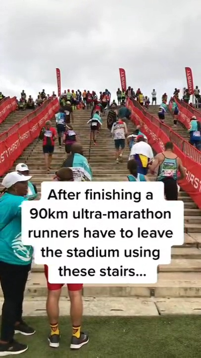 Friday facepalms - After finishing a 90km ultramarathon runners have to leave the stadium using these stairs...