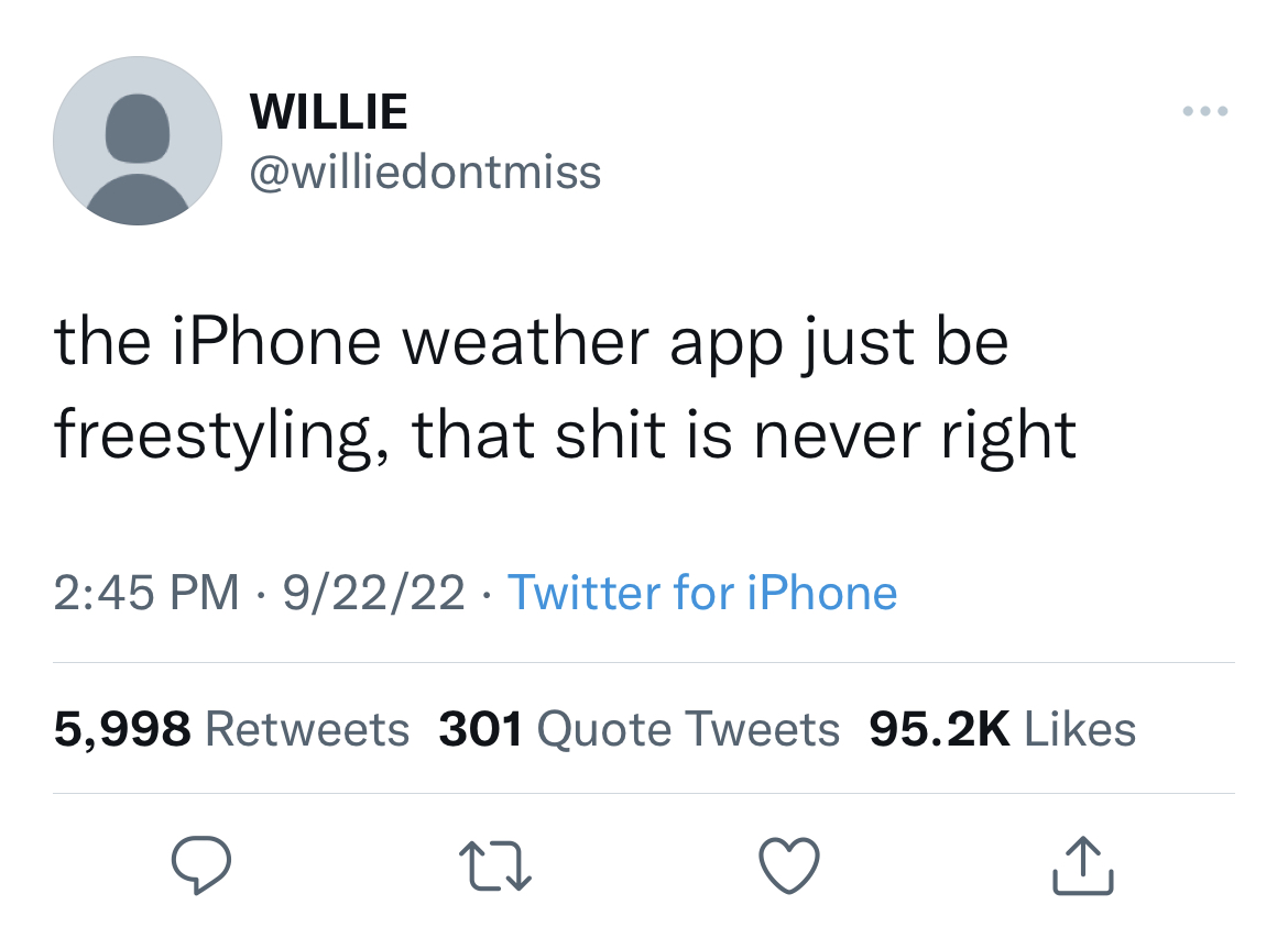 funny tweets - angle - Willie the iPhone weather app just be freestyling, that shit is never right 92222 Twitter for iPhone 5,998 301 Quote Tweets
