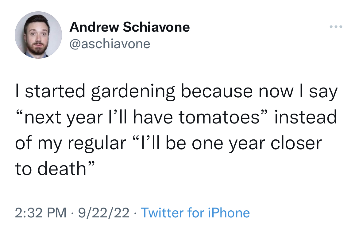 funny tweets - angle - Andrew Schiavone I started gardening because now I say "next year I'll have tomatoes" instead of my regular "I'll be one year closer to death" 92222 Twitter for iPhone