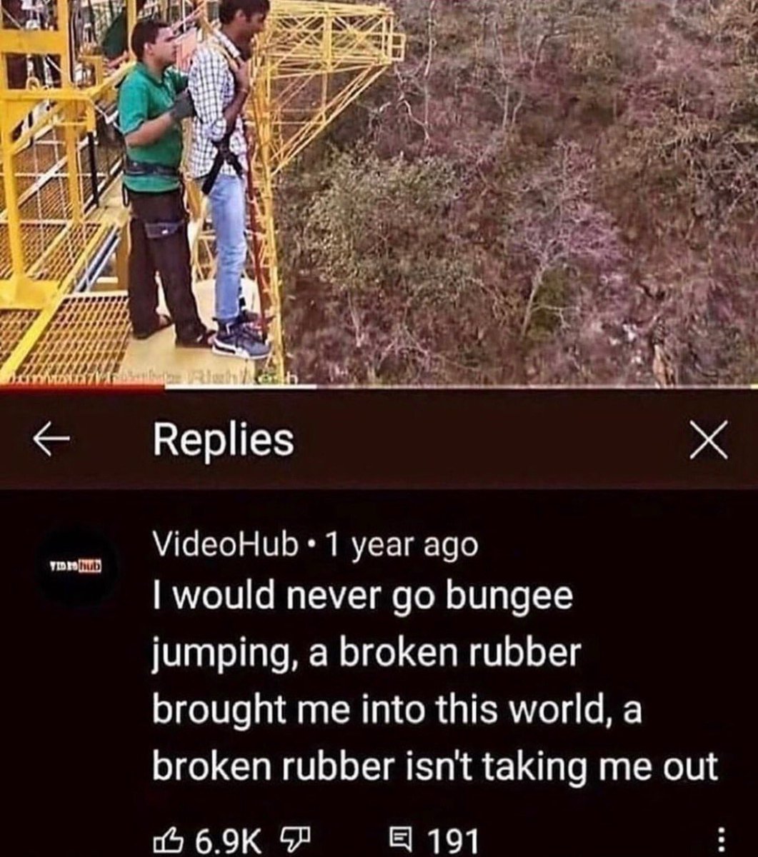 insane youtube comments - would never go bungee jumping - Video hub Caderne et ch Replies x VideoHub 1 year ago I would never go bungee jumping, a broken rubber brought me into this world, a broken rubber isn't taking me out 191