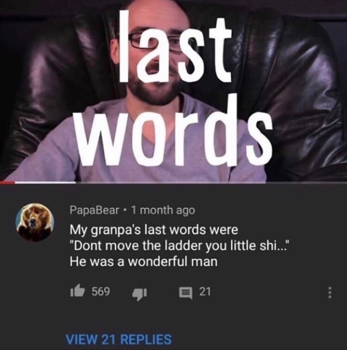 insane youtube comments - photo caption - last words PapaBear 1 month ago My granpa's last words were "Dont move the ladder you little shi..." He was a wonderful man 1569 View 21 Replies 21