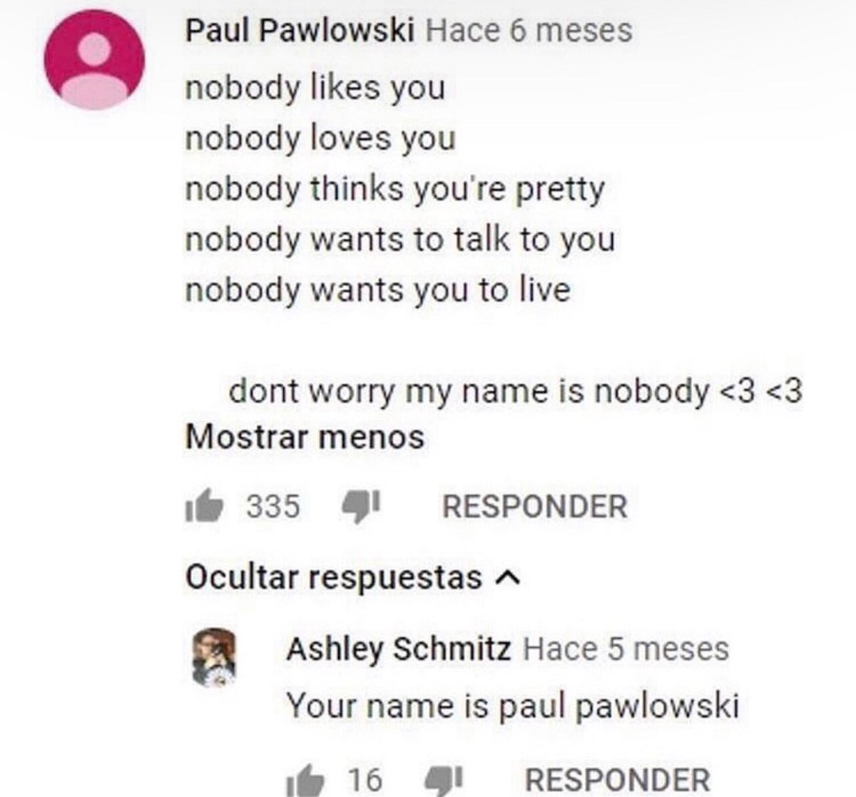 insane youtube comments - paul pawlowski - Paul Pawlowski Hace 6 meses nobody you nobody loves you nobody thinks you're pretty nobody wants to talk to you nobody wants you to live dont worry my name is nobody