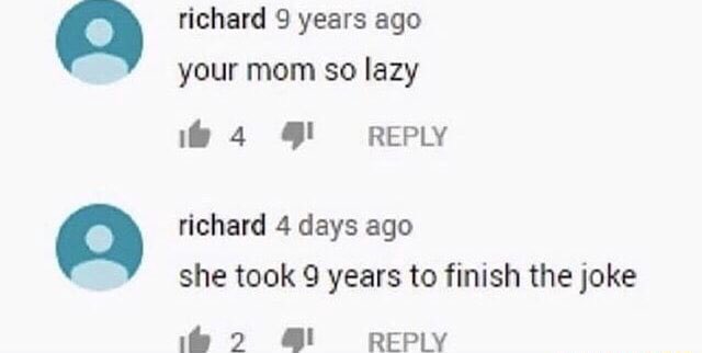 insane youtube comments - diagram - richard 9 years ago your mom so lazy 4 richard 4 days ago she took 9 years to finish the joke 2
