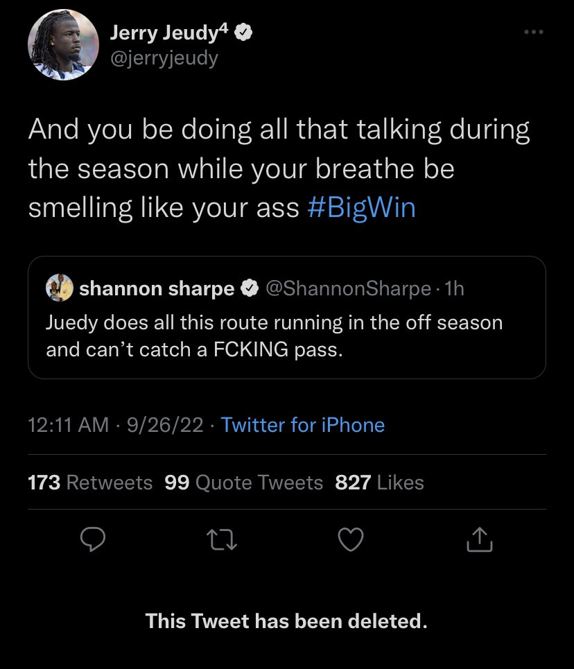 nfl football tweets week 3 - juan soto tweet - Jerry Jeudy4 And you be doing all that talking during the season while your breathe be smelling your ass shannon sharpe 1h . Juedy does all this route running in the off season and can't catch a Fcking pass. 