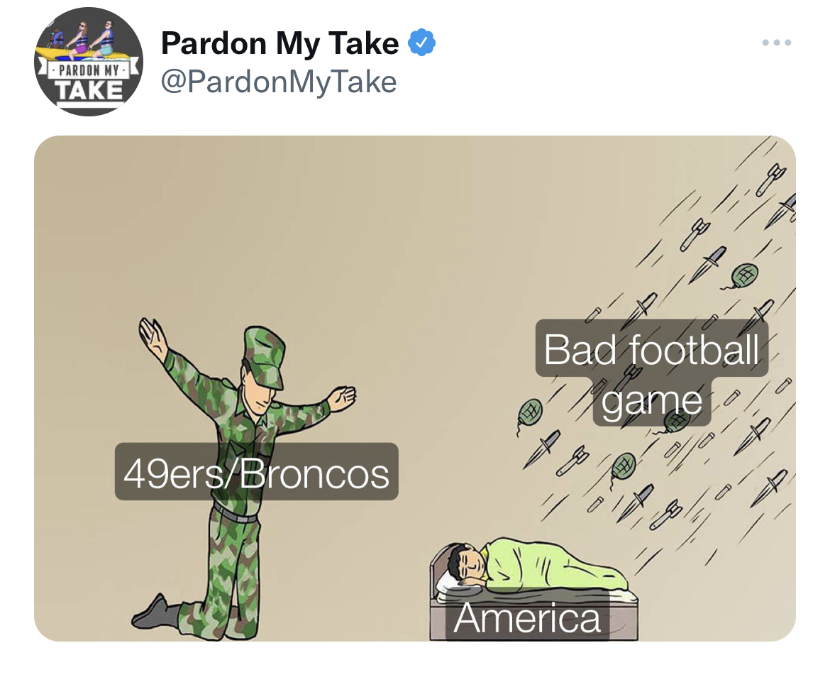 nfl football tweets week 3 - cartoon - Pardon My Take Pardon Myk Take 49ersBroncos America b Bad football game R A 1 D