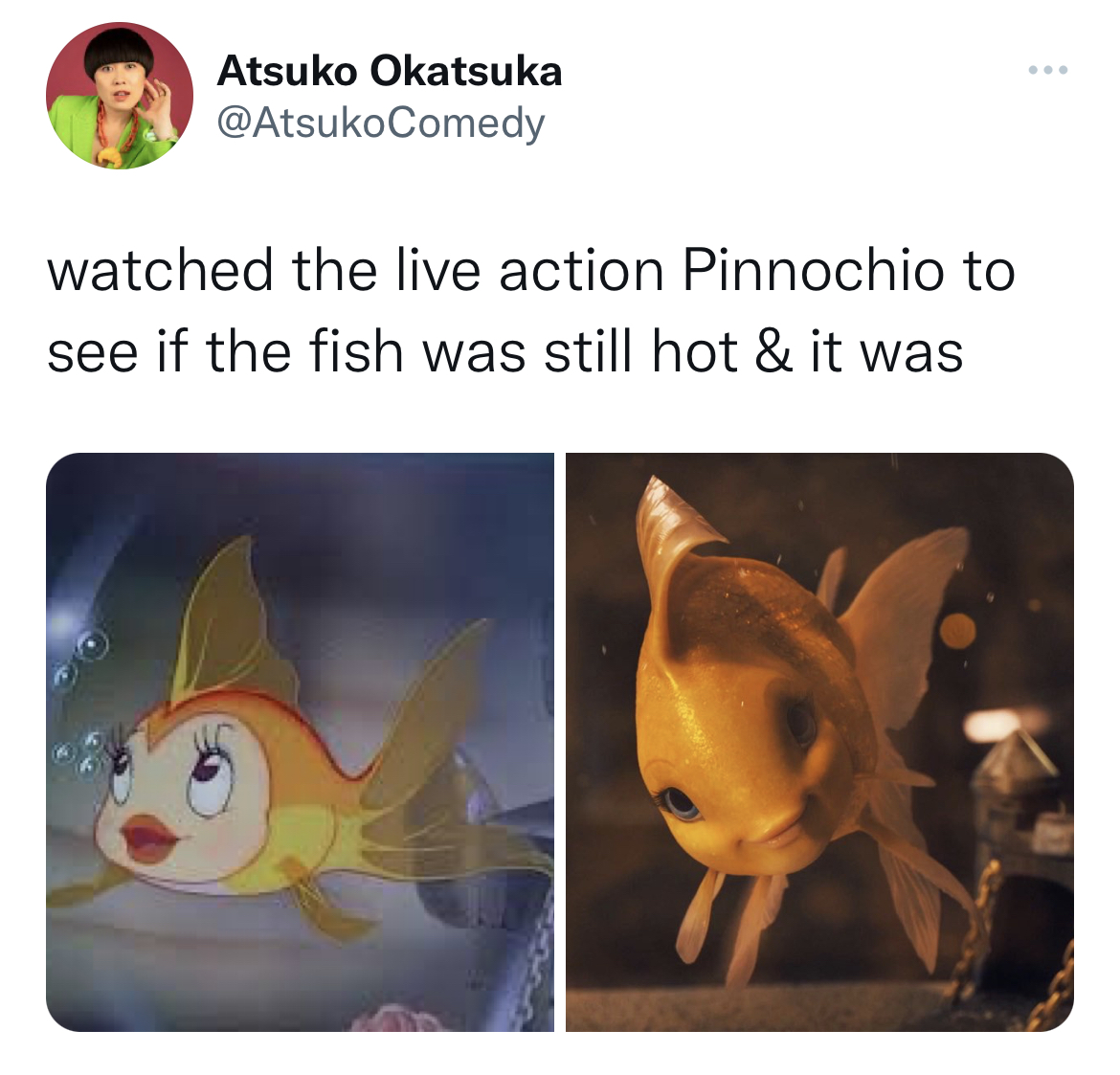 Fresh and funny tweets - fauna - Atsuko Okatsuka watched the live action Pinnochio to see if the fish was still hot & it was www