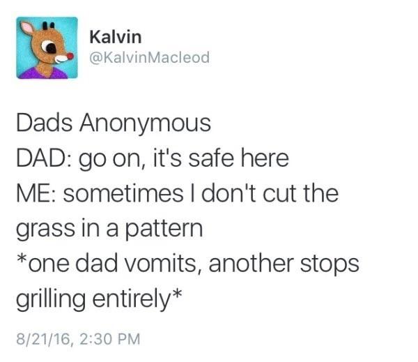 cool pics and memes - hilarious twitter posts - Kalvin Dads Anonymous Dad go on, it's safe here Me sometimes I don't cut the grass in a pattern one dad vomits, another stops grilling entirely 82116,