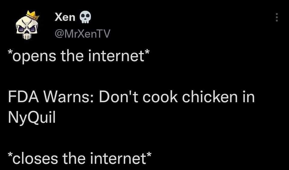 cool pics and memes - screenshot - Xen opens the internet Fda Warns Don't cook chicken in NyQuil closes the internet