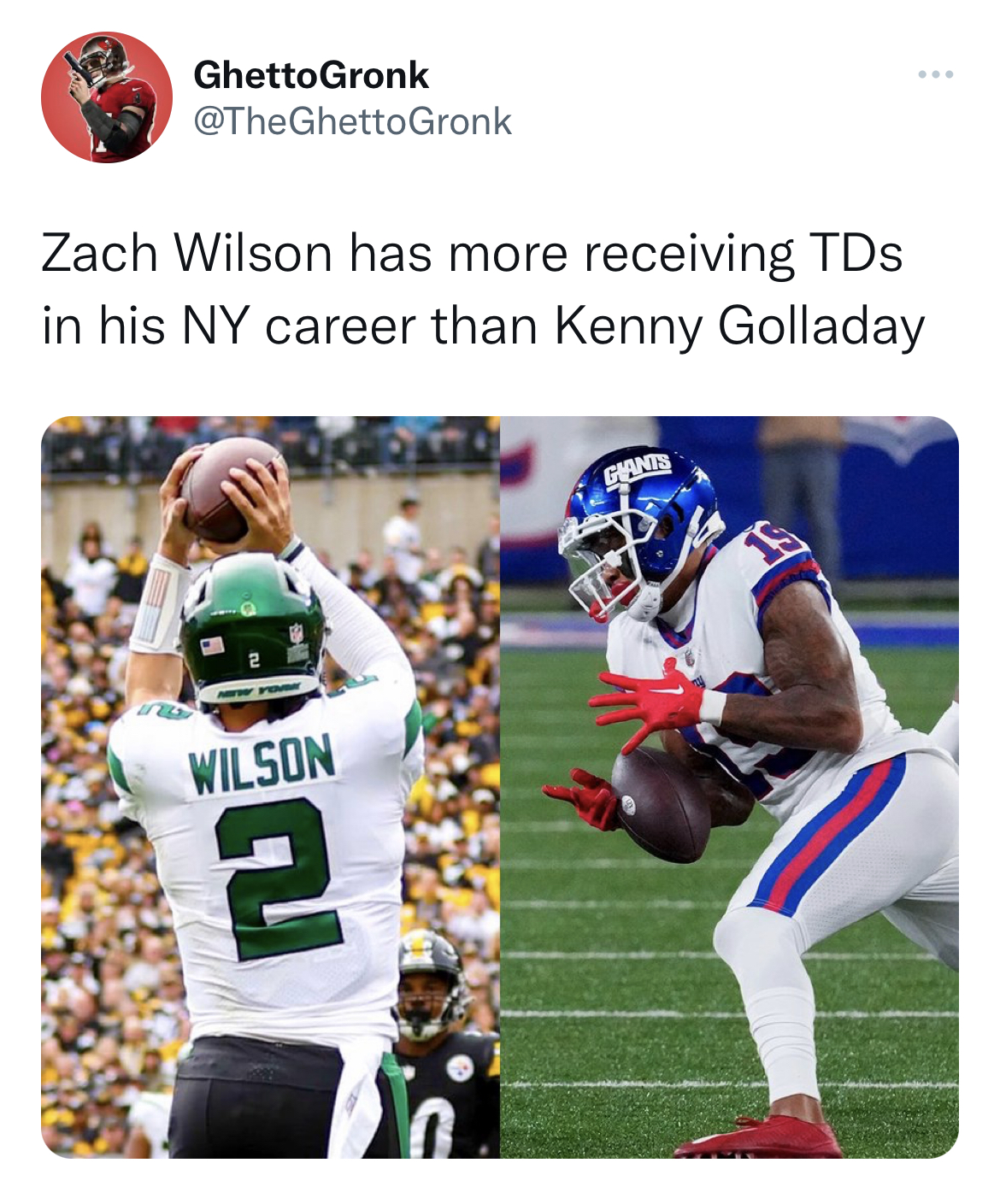 nfl memes - jersey - Ghetto Gronk Gronk Zach Wilson has more receiving TDs in his Ny career than Kenny Golladay 2 Wilson 2 Ghants