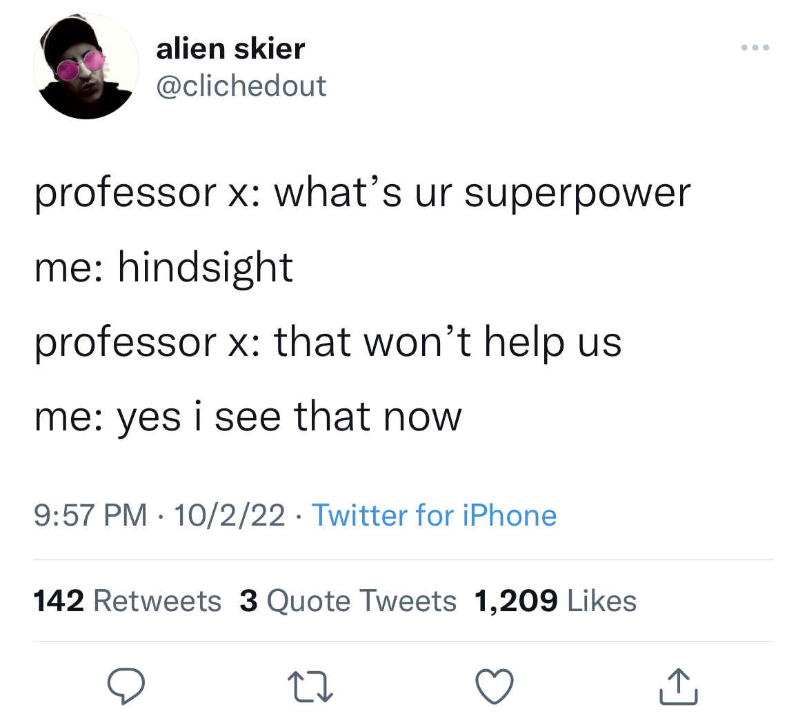 Savage and funny tweets - ranboo funny tweets - alien skier professor x what's ur superpower me hindsight professor x that won't help us me yes i see that now 10222 Twitter for iPhone 142 3 Quote Tweets 1,209 27
